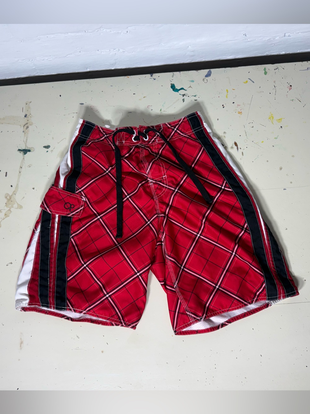 OP Red Plaid Swim Board Shorts with Black & White Side Stripes